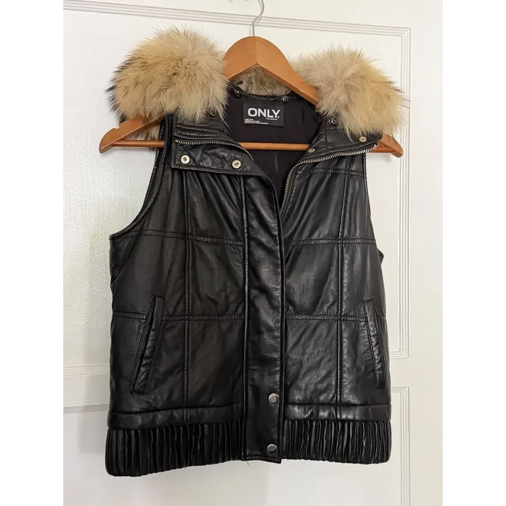 Women's Only Unique Appearance Black‎ Leather Vest Fox Removable Collar Sz XS